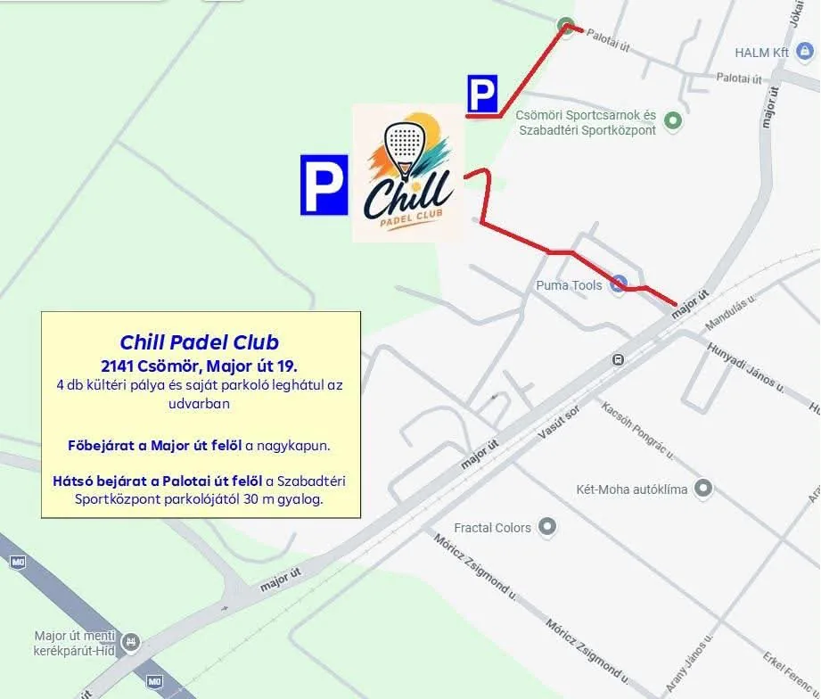 Chill Padel Club pontos helye az ipari területen belül, Csömör Major út 19.