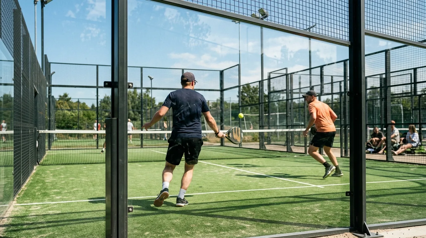Padel meccs napközben, kültéri pályán, aktív játékosokkal